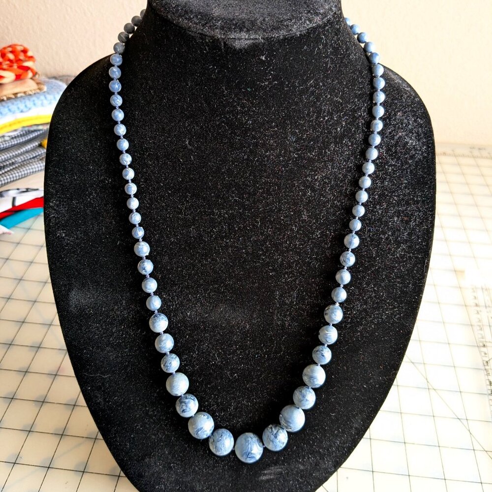 Blue Marbled Bead Necklace 26 Inches